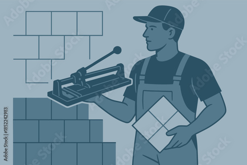 Male worker using tile cutter in construction setting