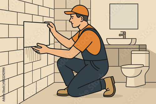 Caucasian male tiling a bathroom wall with precision and skill