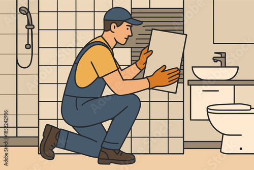 Male worker installing bathroom tiles in a modern setting