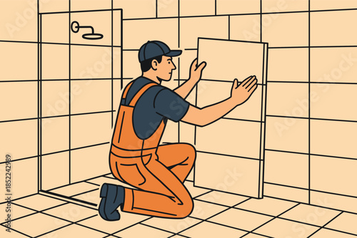 Male worker installing wall tiles in bathroom