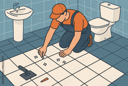 Caucasian male adult tiling bathroom floor with tools and supplies
