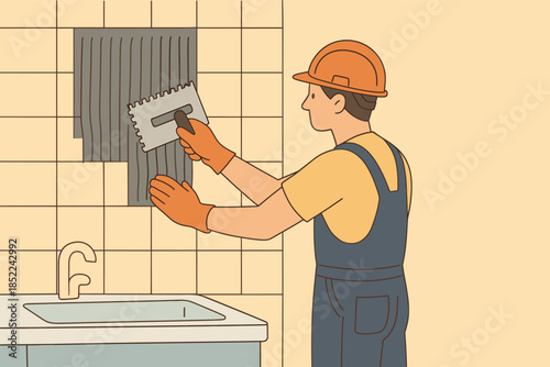 Caucasian male tiling a wall near a sink wearing safety gear