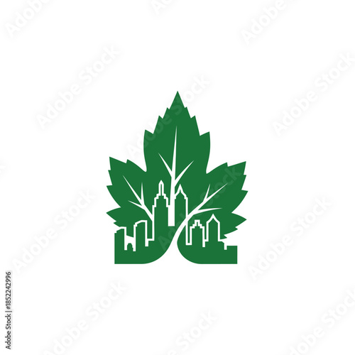 Green leaf with city skyline logo concept representing urban nature