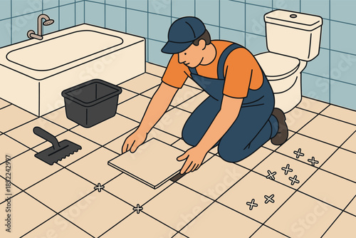 Male worker installing tiles in bathroom with precision and care