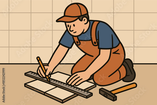 Cartoon male carpenter measuring tiles with tools in workshop setting