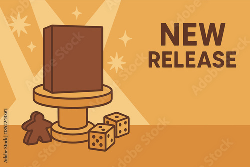 New board game release announcement with dice and meeple on pedestal
