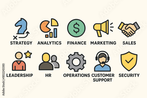 Business strategy and management icons covering key areas like finance and marketing