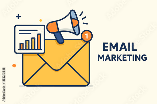 Email marketing concept with envelope, graph, and megaphone