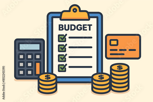 Budget planning checklist with calculator and coins for financial management
