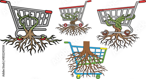 Shopping carts with deep roots symbolize sustainable consumerism and growth