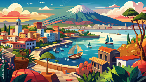 Very beautiful panoramic view of Naples overlooking the bay with Mount Vesuvius in the distance, capturing vibrant urban life, coastal scenery, and dramatic natural backdrop in southern Italy.