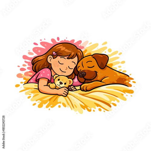 Peaceful Girl Sleeping with Dog and Puppy Cartoon Illustration for Love, Comfort, Childhood Bond, Pet Care and Family Friendly Design