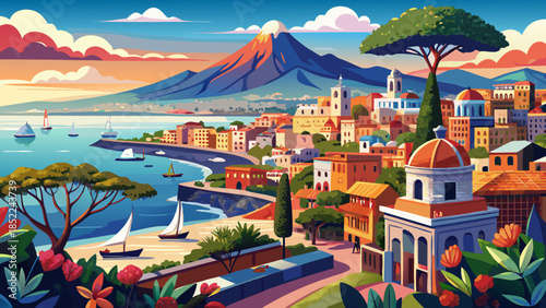 Very beautiful panoramic view of Naples overlooking the bay with Mount Vesuvius in the distance, capturing vibrant urban life, coastal scenery, and dramatic natural backdrop in southern Italy.
