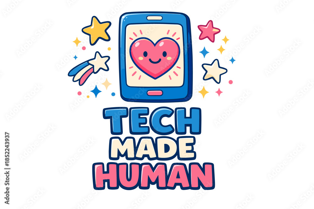 Obraz premium Cute heart icon on smartphone with stars and text 'tech made human'