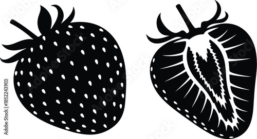 Two black strawberry illustrations a whole fruit and a cut half on transparent background silhouette