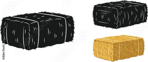 Illustration of hay bales in different styles on transparent background silhouette