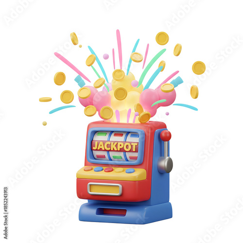 Dynamic 3d illustration of a slot machine hitting the jackpot, with coins and tokens exploding outward in a celebratory burst of victory