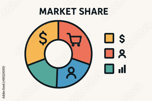 Colorful market share pie chart with icons and legend