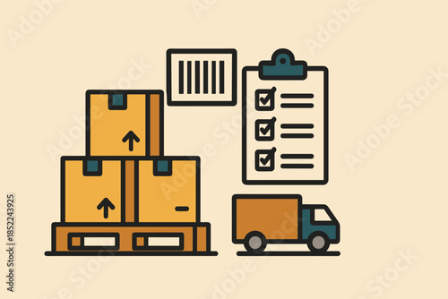 Logistics and inventory management icon with boxes and delivery truck