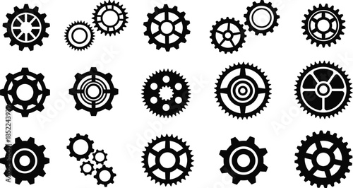 Assorted black gears in various designs on transparent background silhouette