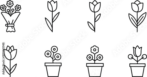 Floral line art icons featuring various blooms and potted plants on transparent background silhouette