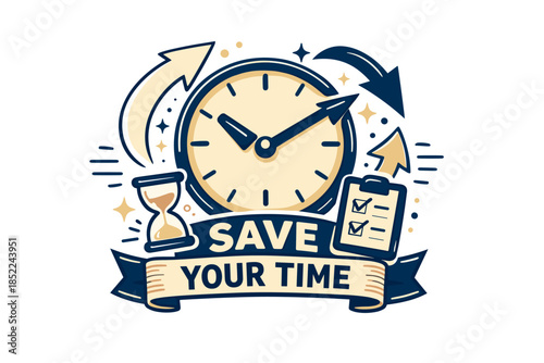 Time management icon with clock, hourglass, and checklist elements