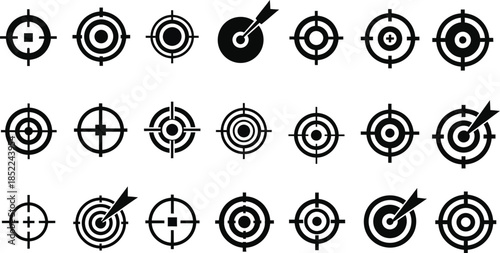 Collection of black target icons with arrow ideal for design on transparent background silhouette