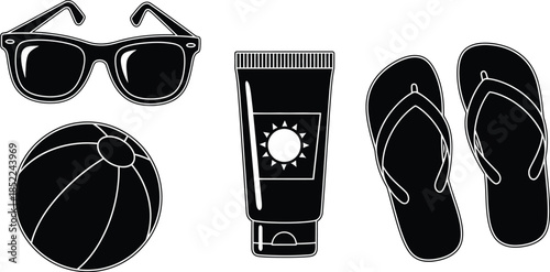 Summer vacation essentials in black silhouette on transparent background