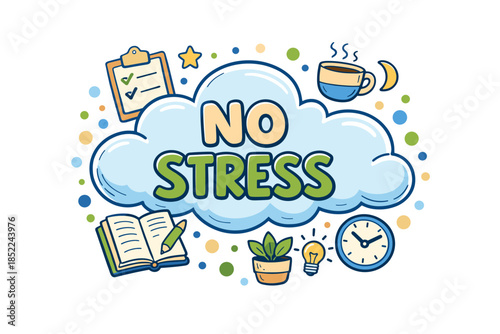 Colorful no stress cloud with relaxation icons and calm elements