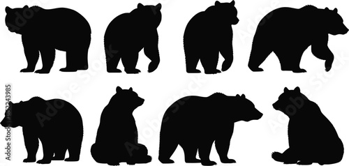 Collection of black bear silhouettes in various poses on transparent background