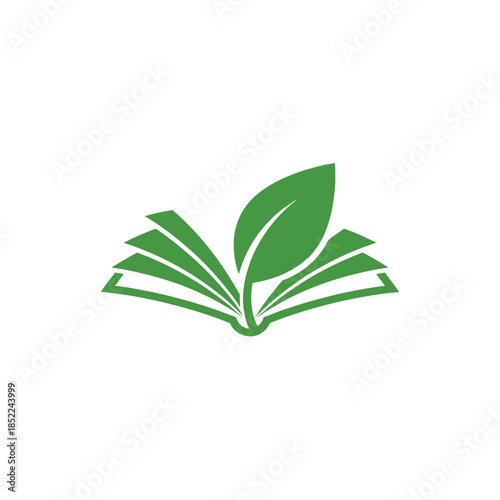 Open book with green leaf on top, representing eco-friendly education