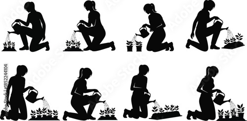 Gardening people watering plants in different poses on transparent background silhouette