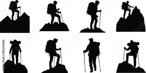 Diverse hikers climbing mountains a set of black silhouettes on transparent background