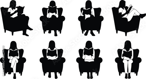 Relaxing women in armchairs in various poses on transparent background silhouette