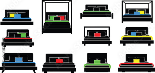 Various bed designs in a grid layout on transparent background silhouette
