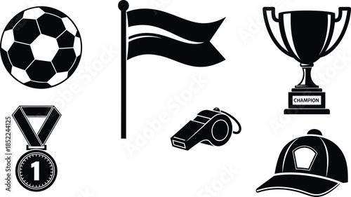 Sports icons featuring soccer ball flag trophy and more on transparent background silhouette