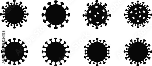 Coronavirus cell structures in a pattern black shapes on transparent background silhouette