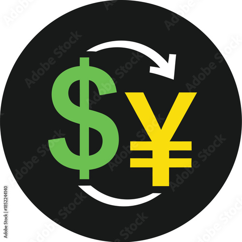 Currency exchange icon with dollar and yen symbols on transparent background silhouette