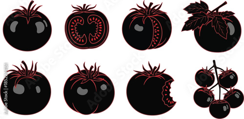 Black tomato illustrations in various styles on transparent background silhouette