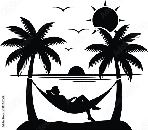 Relaxing beach scene with palm trees hammock and sun on transparent background silhouette