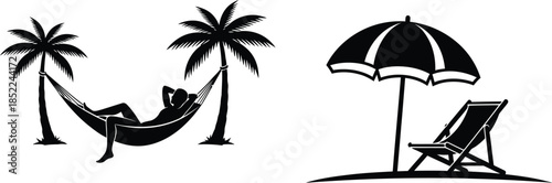 Tropical beach scene with hammock palm trees and umbrella silhouette on transparent background