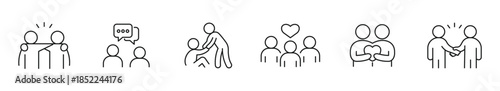  Human interaction icon set.  Teamwork and Human Connection Icon Set, Communication, Support, Care, Trust, Collaboration and Social Interaction Concept, Vector Illustration 