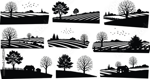 Scenic landscape vector patterns with trees and fields on transparent background silhouette