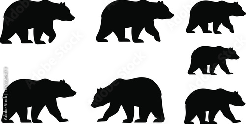 Black bear silhouettes in various poses on transparent background
