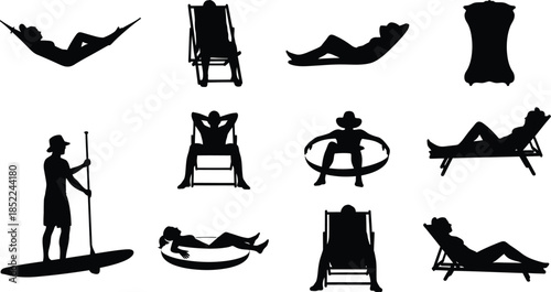 Summer vacation elements in black silhouette on transparent background
