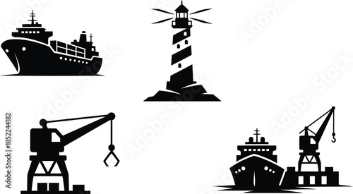 Maritime icons featuring a lighthouse ships and cranes on transparent background silhouette