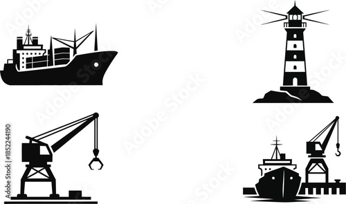 Black silhouettes of ship lighthouse cranes and tugboat on transparent background