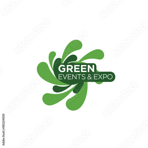 Green events and expo logo with dynamic leaf shapes and modern text