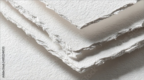 Stack of textured white handmade paper sheets showing deckled rough edges and fibrous surface detail