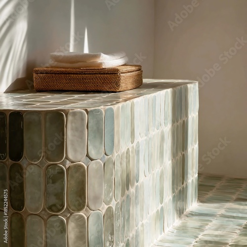 Light washes over a vanity tiled with elongated glossy light green ceramic tiles and a woven box